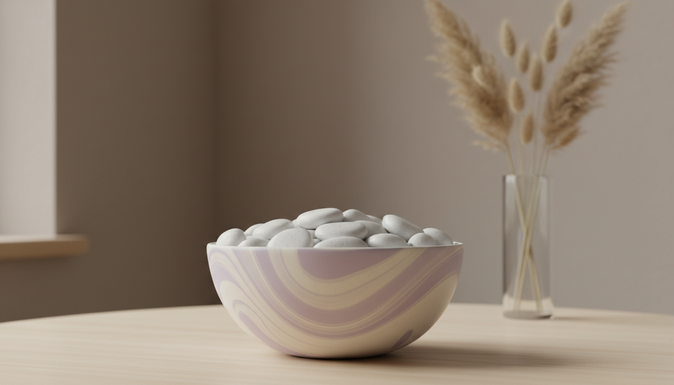 A smooth, matte ceramic bowl featuring a swirl of pale lavender and soft cream, filled with polished white river stones, set atop a light birchwood table. The arrangement is placed in a minimalist room with soft-textured, muted taupe walls and a backdrop of delicate dried pampas grass in a slim glass vase. Ambient natural light spills in from an unseen window, casting gentle gradients of light and shadow across the composition, giving the scene a peaceful and refined character. Captured from an eye-level angle with centered framing and a shallow depth of field, the image evokes calm, introspective energy. The style is photographic realism with a sophisticated, understated elegance, aligning with the site’s focus on gentle inner growth and mindfulness.